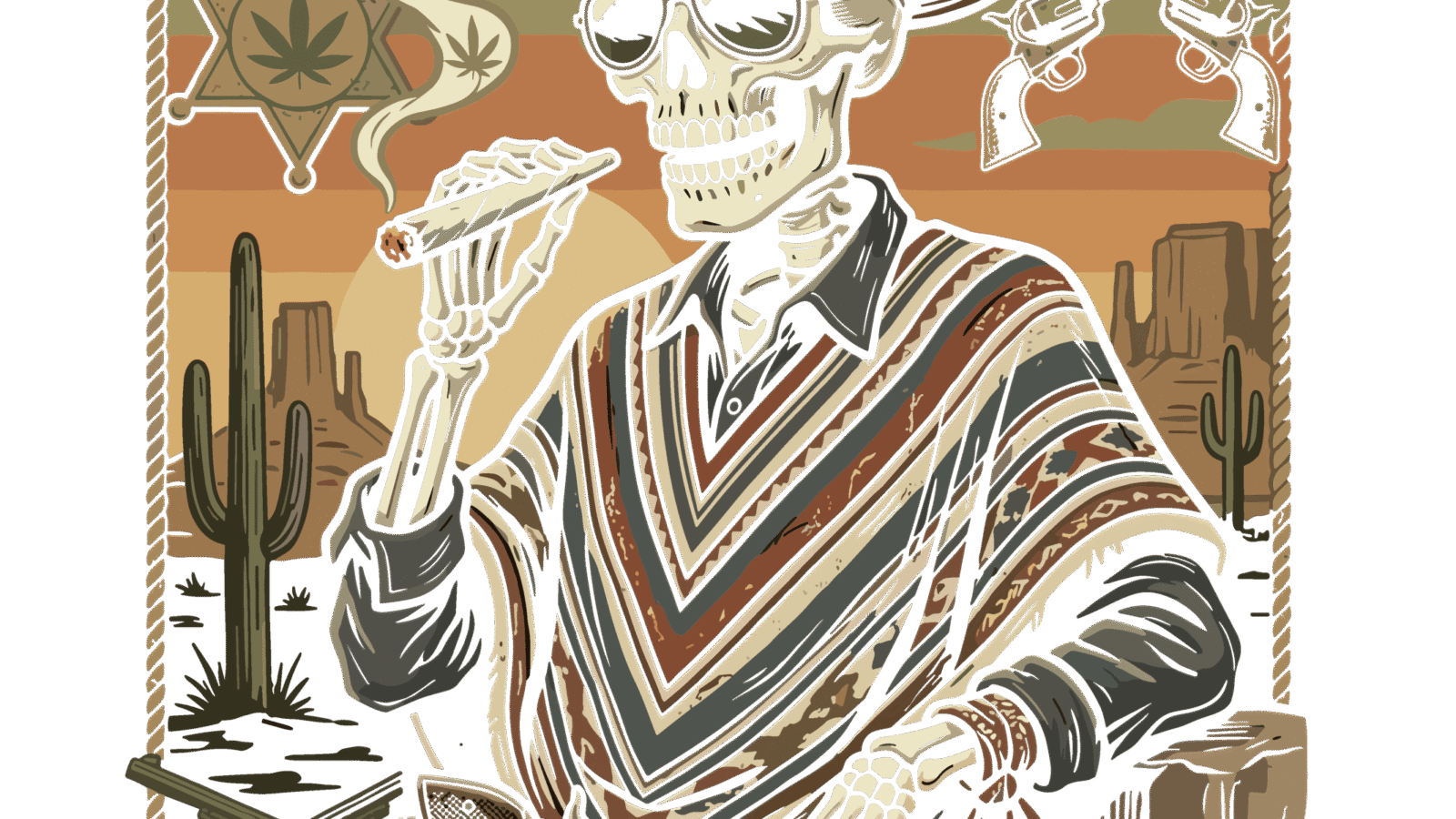 Getting Nice cowboy skeleton smoking a joint — GreenRX dispensary near Reedsburg down HWY 12 in Sauk City, Wisconsin
