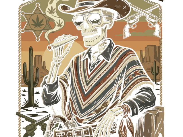 Getting Nice cowboy skeleton smoking a joint — GreenRX dispensary near Reedsburg down HWY 12 in Sauk City, Wisconsin